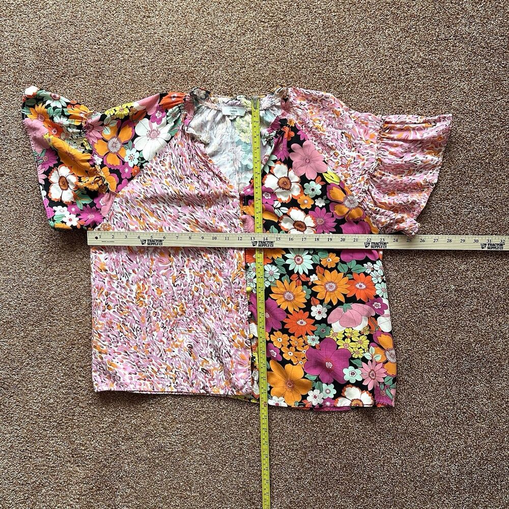 Entro Top Women's Lg Flutter Sleeve V-Neck Boho Floral Patchwork Mixed Print - Picture 5 of 5